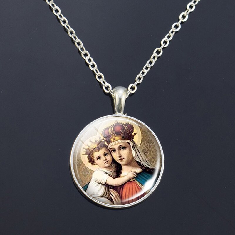 Virgin Mary and Baby Jesus Christian Catholicism Jewelry  Necklace Blessed Mother Religious Art Glass Dome Pendant Gift
