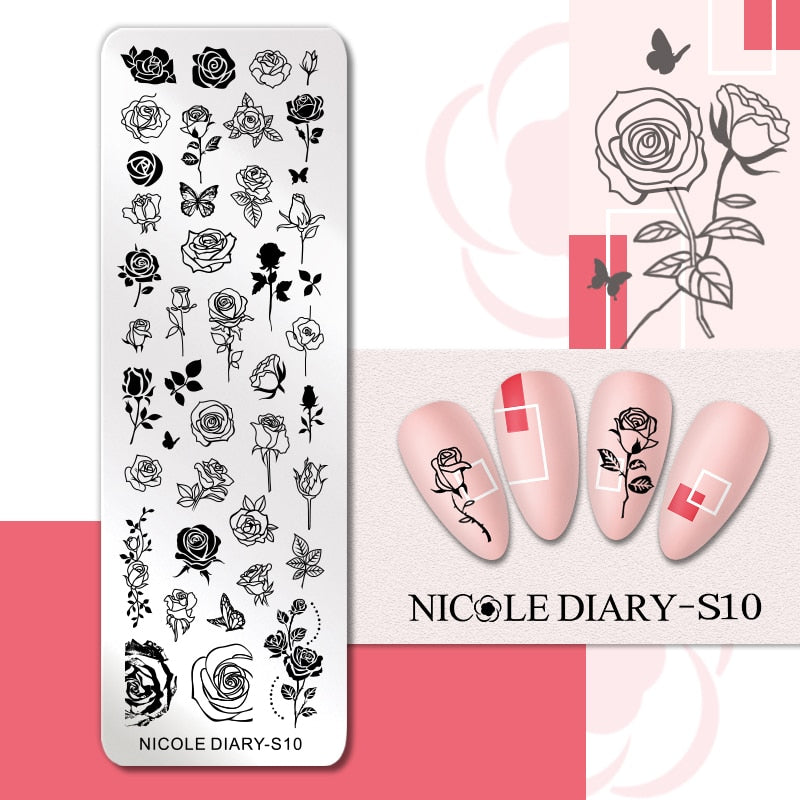 NICOLE DIARY Leaves Flower Stripe Design Stamping Plates Abstract Lady Face Nail Stamp Templates Leaf Floral Printing Stencil