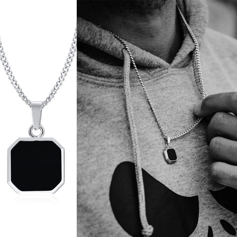 Vnox Geometric Square Necklaces for Men, Enamel Square Pendant with Rope Cuban Figaro Box Chain, Casual Vintage Cool Collar