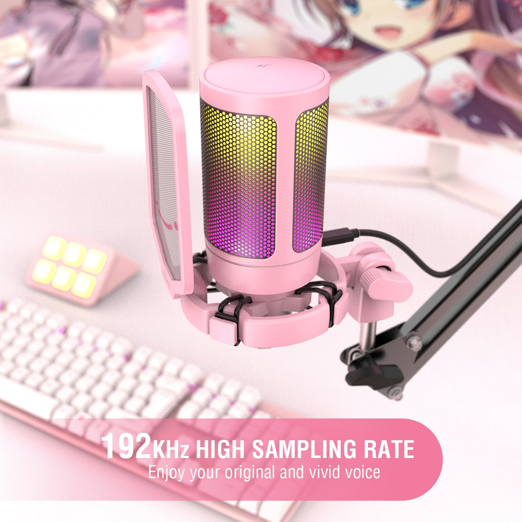 FIFINE USB Gaming PC Microphone for Streaming Podcasts,AmpliGame RGB Computer Condenser Desktop Mic for studio/Video-Pink