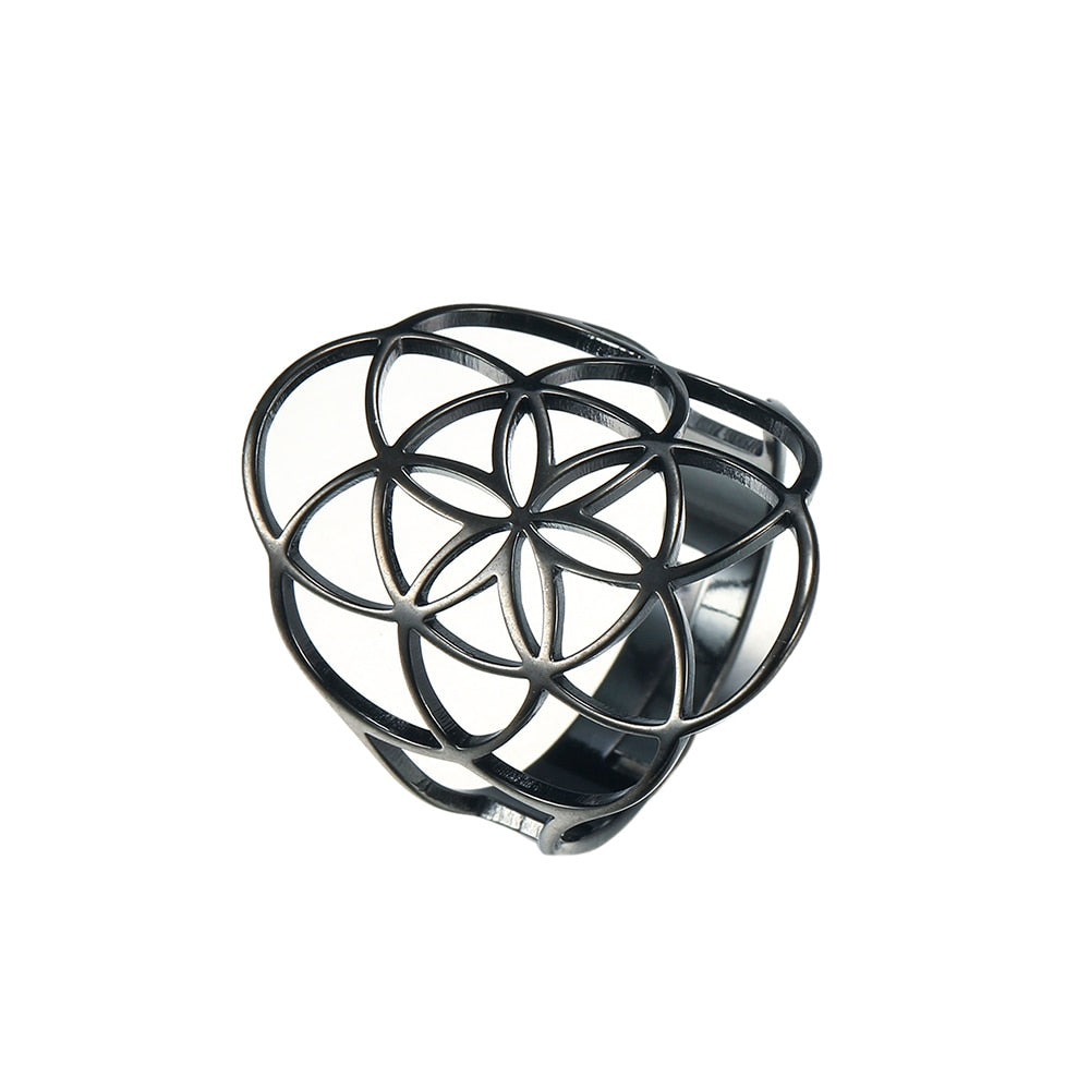 Skyrim Viking Flower of Life Ring Vintage Adjustable Stainless Steel Sacred Geometry Rings for Women Amulet Jewelry Wholesale