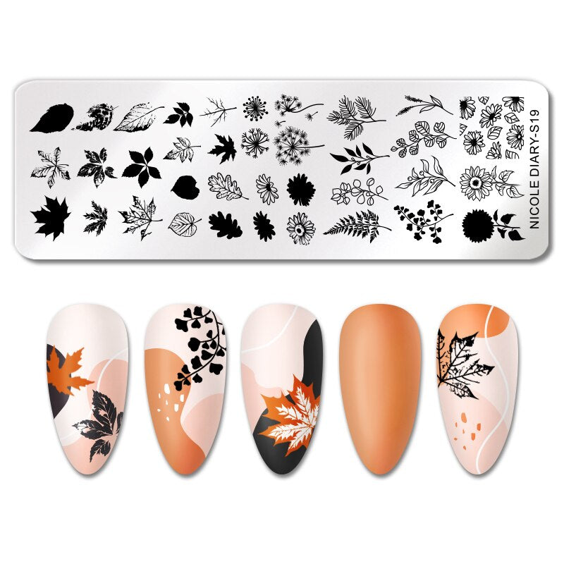 NICOLE DIARY Leaves Flower Stripe Design Stamping Plates Abstract Lady Face Nail Stamp Templates Leaf Floral Printing Stencil