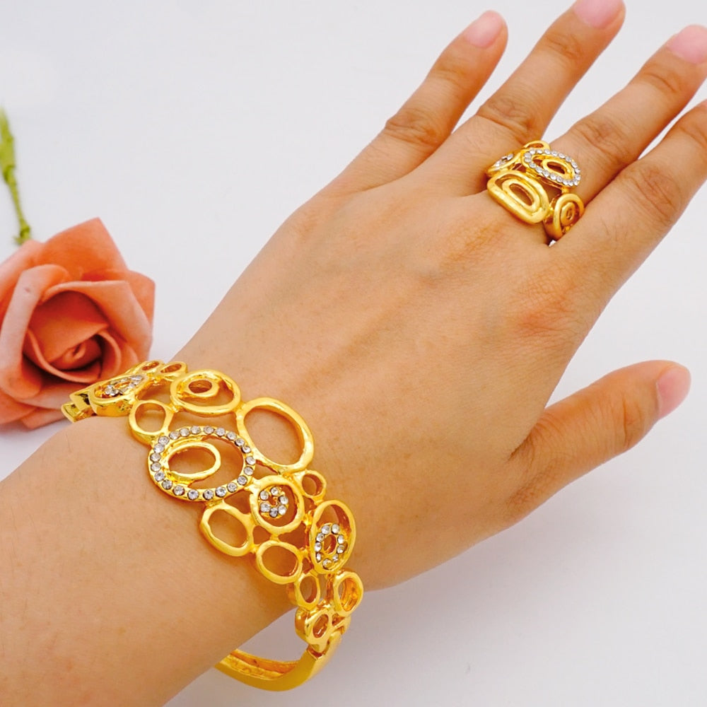 Fine Dubai Gold Color Hollow Out Flower Bracelet For Women African Bangle Ring Ethiopian Jewelry Bridal Wedding Gifts Party