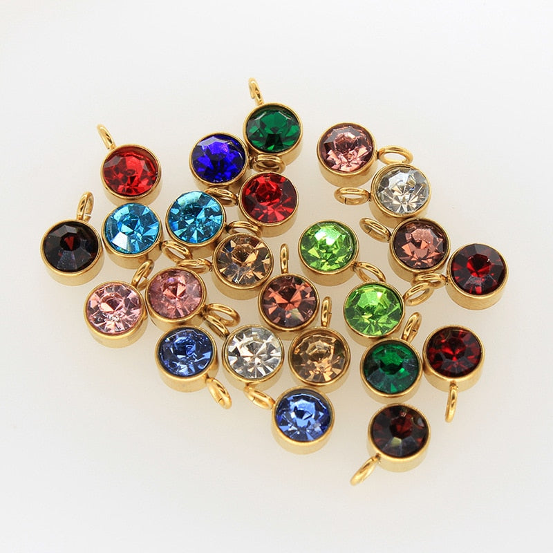 10pcs 6mm Gold Stainless Steel Birthstones Charms Pendants for Necklace Bracelet Jewelry Making DIY Rhinestone Crystal Beads