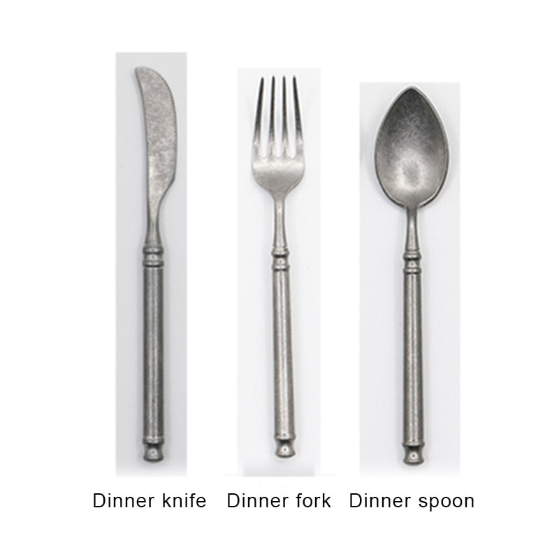 Retro Scrub 304 Stainless Steel Flatware Kitchen Cutlery Set Steak Knife Fork Spoon Set Dessert Fork Vintage restaurant Cutlery