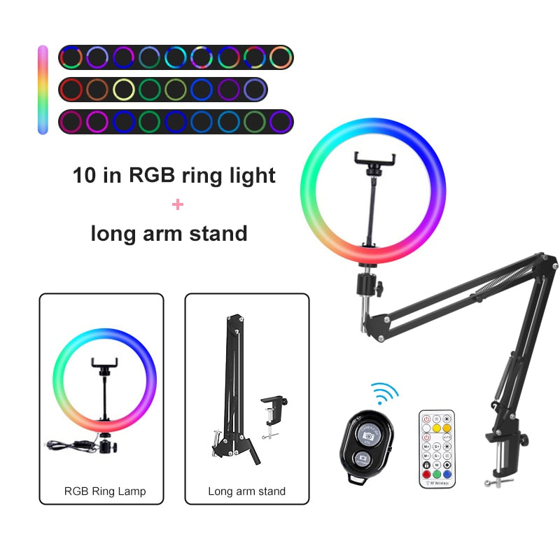 PYNSSEU 26cm LED Circle Round Light with 1.1/1.6/2.0M RGB lamp Stand Dimmable 10" Selfie Circle Round Lamp with Phone Clip for Youtube Makeup