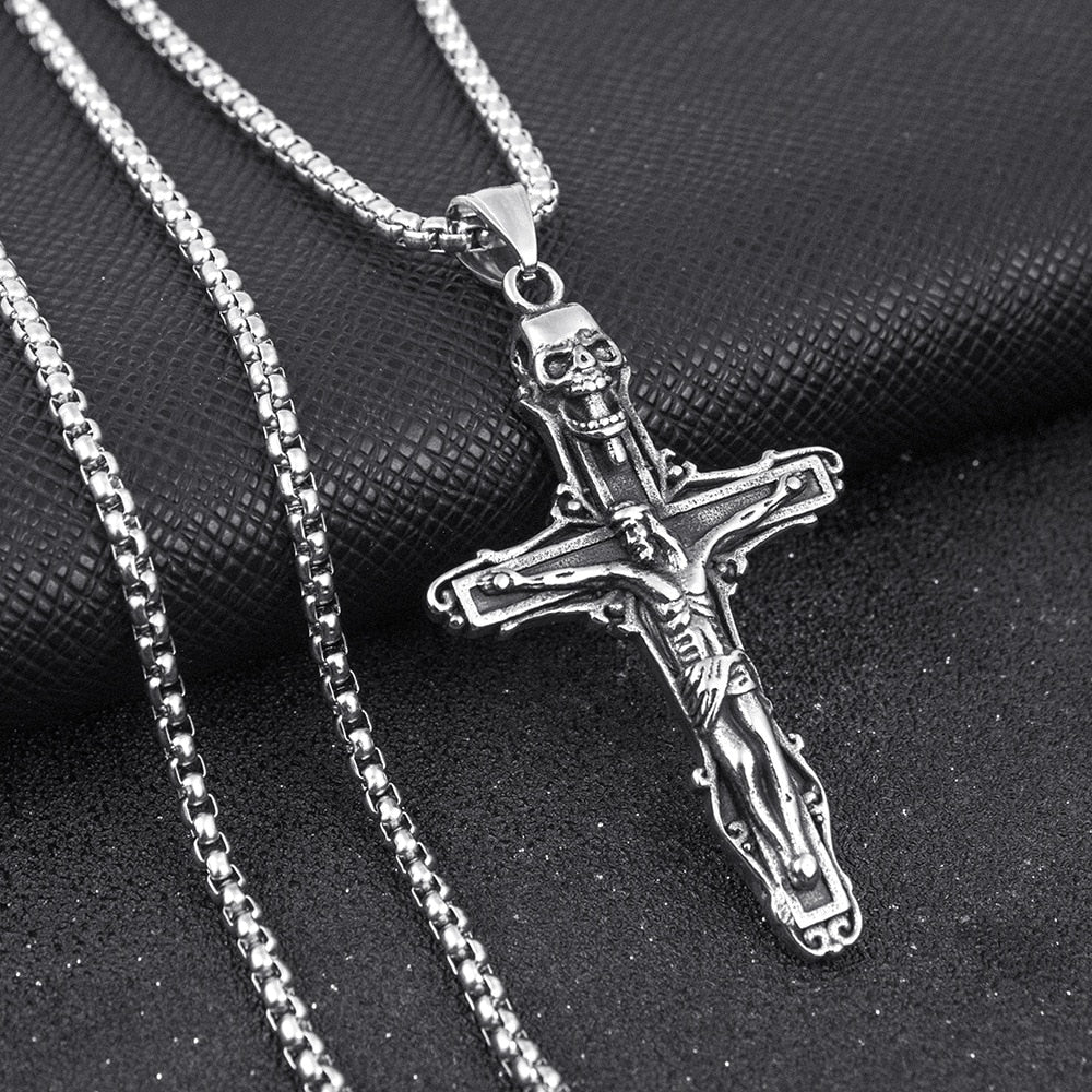 Fashion Vintage Flame Cross Pendant Necklace For Women Men Long Chain Punk Goth Trendy Accessories Choker Gothic Jewelry