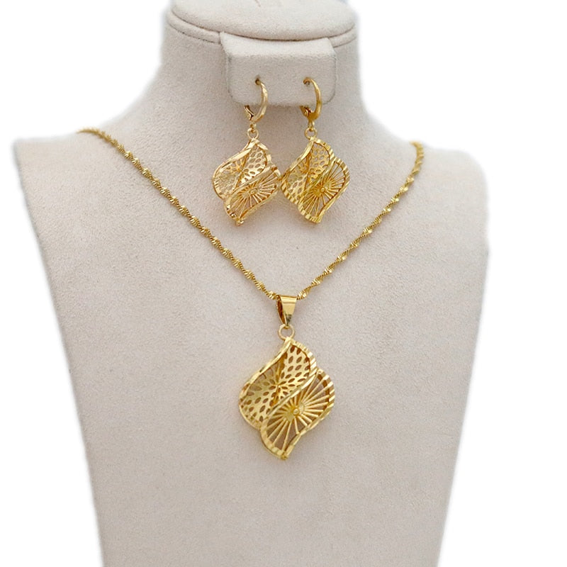 Dubai Jewelry Sets for Women 24k Gold Color Love Ethiopian African Heart Necklace Earrings Sets Arab Bridal Dowry Jewelry