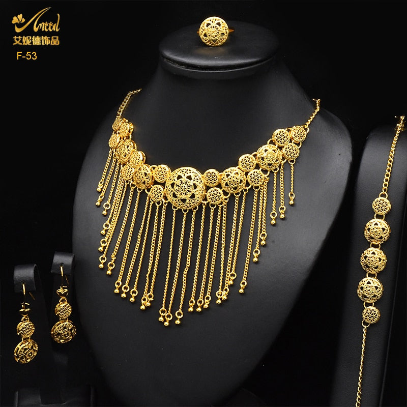 ANIID Dubai Tassel Gold Plated Jewelry Sets For Women Fashion Indian Bridal Necklace And Earring 4Pcs Set Ethiopian Party Gifts