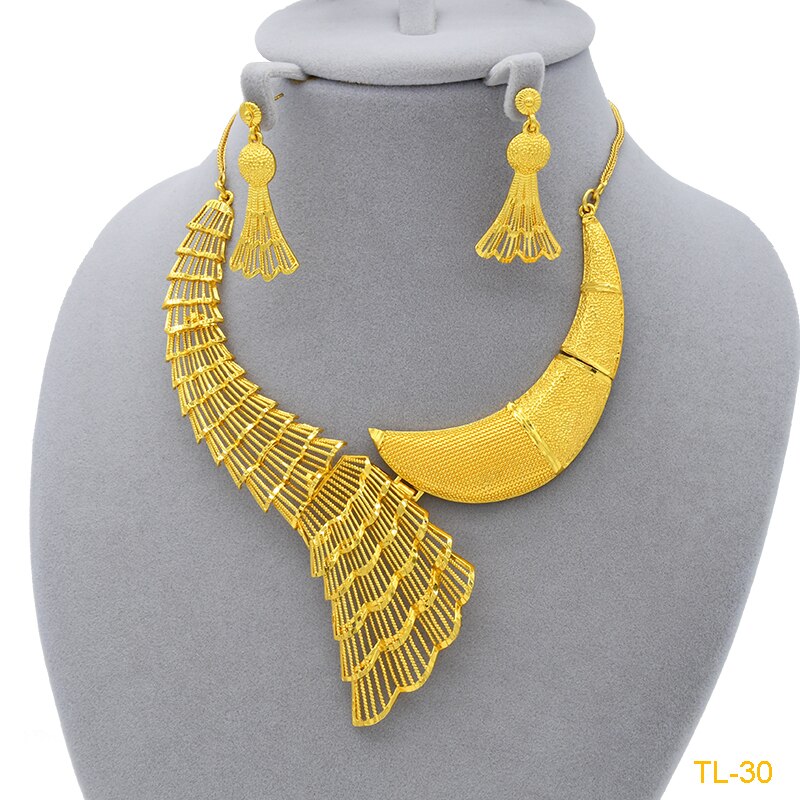 XUHUANG Dubai 24K Plated Necklace Earring Set Arabic Ethiopian Nigerian Banquet Wedding Party Necklace Choker Jewellery Set Gift