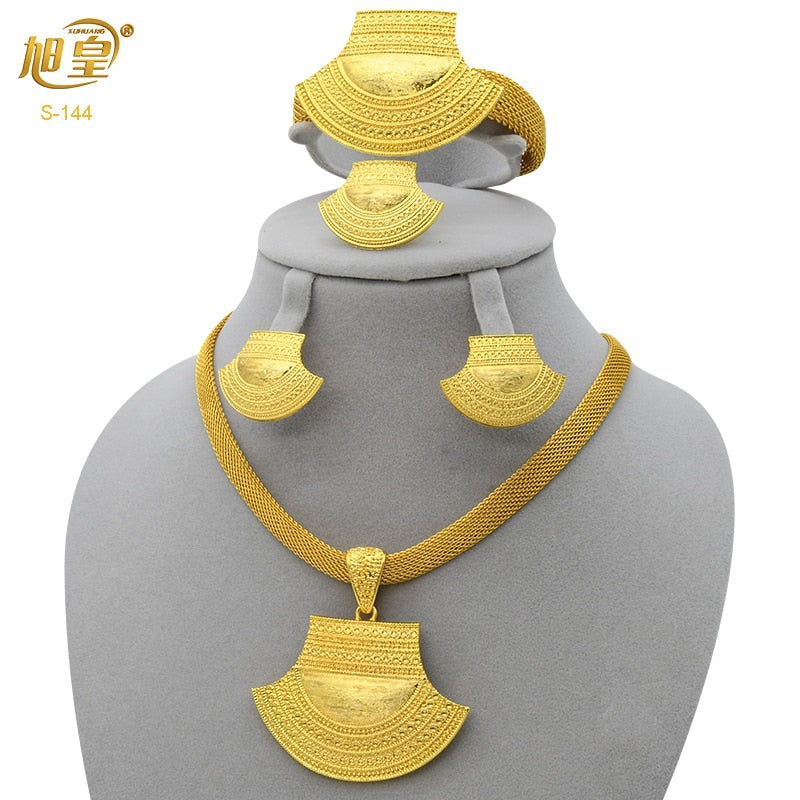 XUHUANG African Necklaces Bracelets Earing Sets Nigerian Wedding Jewelry Set Ethiopian Gold Colour Necklace Jewellery Set Gifts