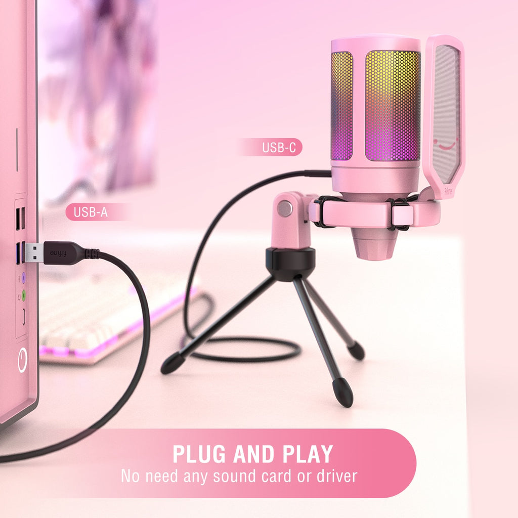 FIFINE USB Gaming PC Microphone for Streaming Podcasts,AmpliGame RGB Computer Condenser Desktop Mic for studio/Video-Pink