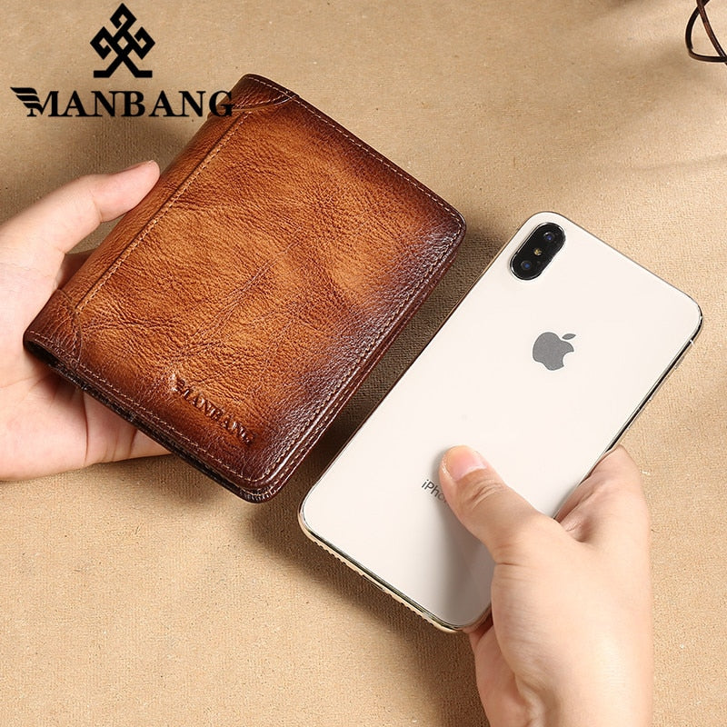 Manbang Men's Wallets RFID Genuine Leather Trifold Wallets For Men with ID Window and Credit Card Holder