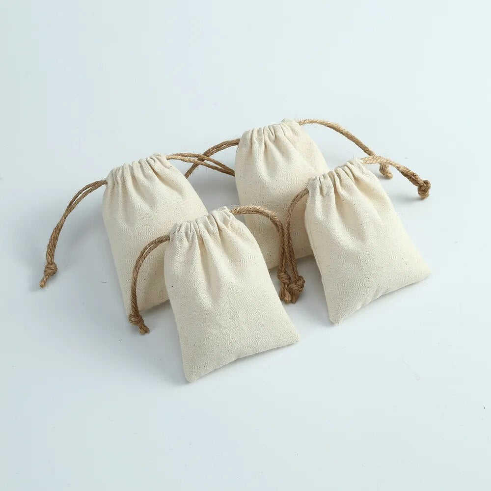 100pcs Nature Cotton Jewelry Bags Grosgrain Ribbon Drawstring Pouch Custom Logo Earring Bracelet Dice Dust Bag Wedding Gift Bag