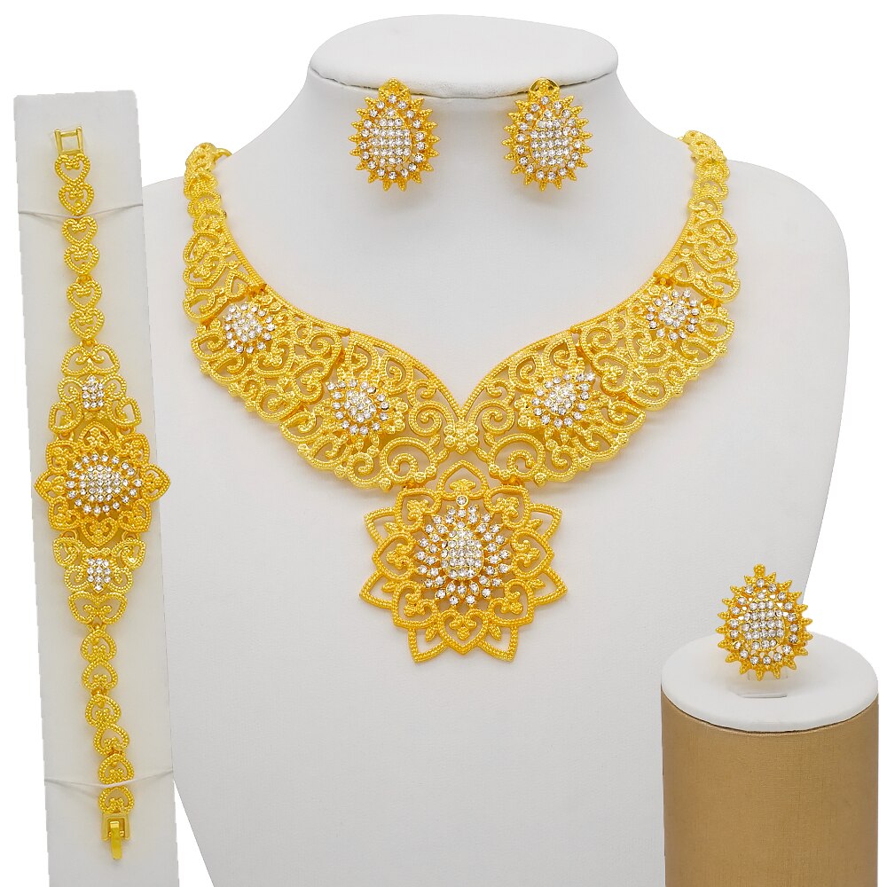 Dubai Indian Gold Color Necklace Bracelet Earrings Ring Jewelry Sets For Women Ethiopian Nigerian Bridal Wedding Jewellery Gifts