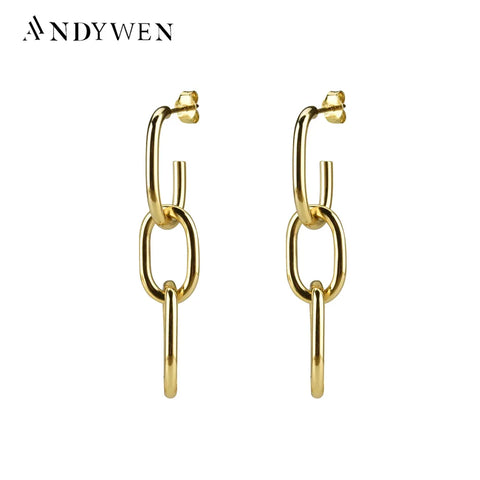 ANDYWEN 925 Sterling Silver Gold Ovals Long Chain Circle Hoops Loops Round Piercing Pendiente Women Ohrringe Earring Jewelry