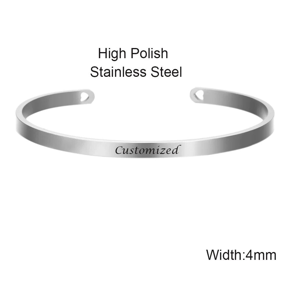 4mm Custom Stamp Cuff Bracelet Women Personalized Text Symbols Stainless Steel Bangle with Hollow Out Heart Personalized Gift