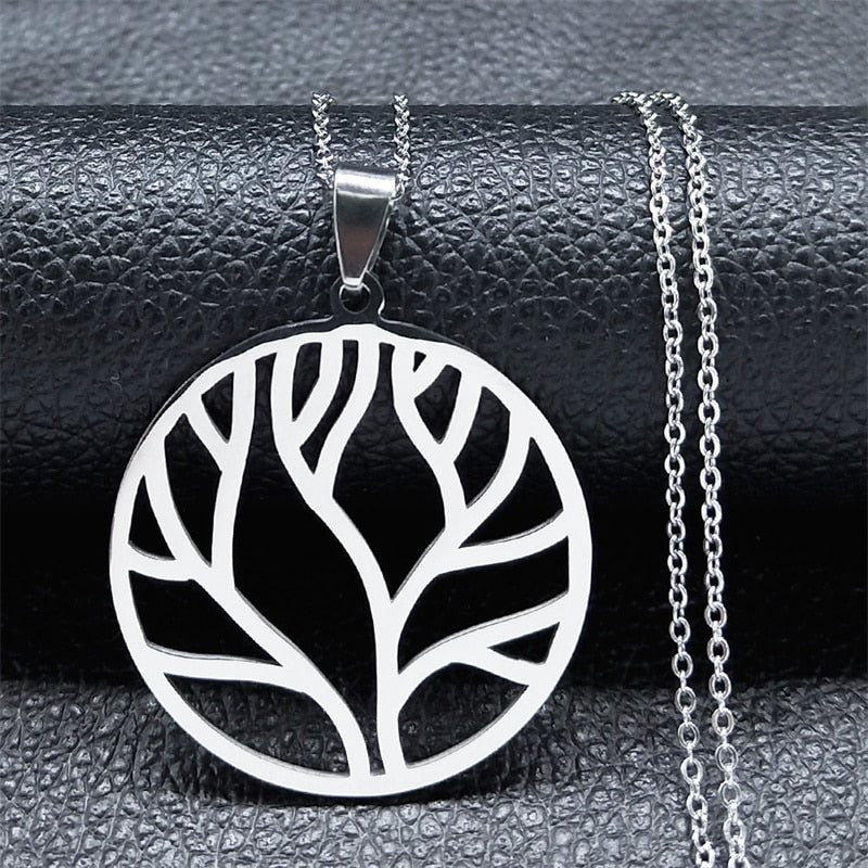 Fashion Heart Tree of Life Stainless Steel Statement Necklace for Women Silver Color Necklaces Jewelry collares  N4205S01