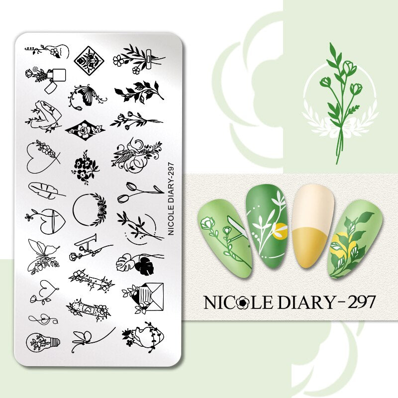 NICOLE DIARY Leaves Flower Stripe Design Stamping Plates Abstract Lady Face Nail Stamp Templates Leaf Floral Printing Stencil