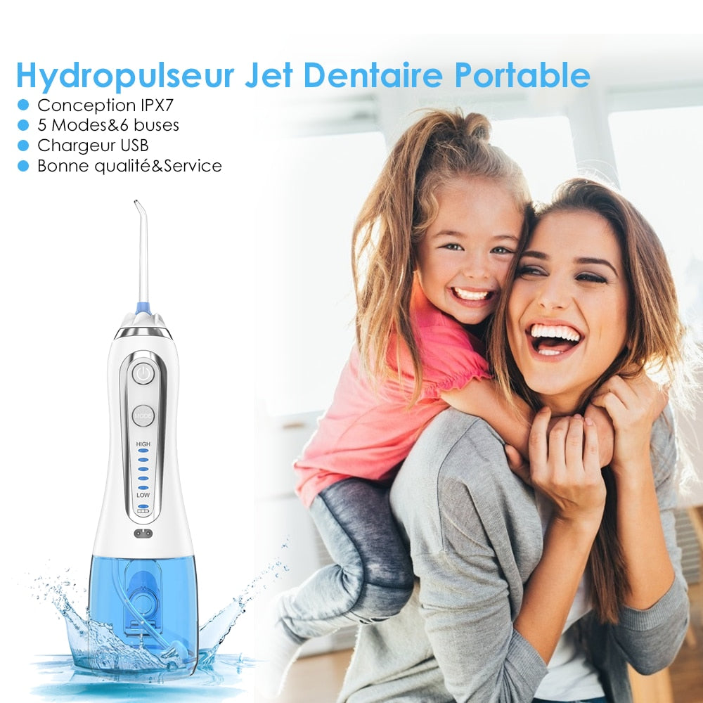 Blue Oral Irrigator Portable Bag Electric Water Flosser USB Rechargeable Professional Dental Flosser with 5 Nozzles &amp; Brush