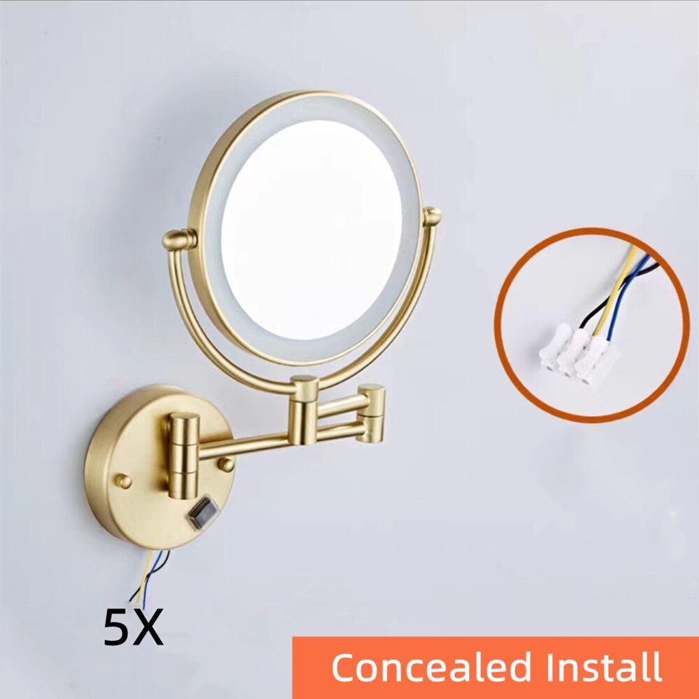 Makeup Mirrors Black/Brushed Gold Brass Wall Extending Folding Double Side LED Light Mirror 3 X/5X/10X Magnification Bath Mirror