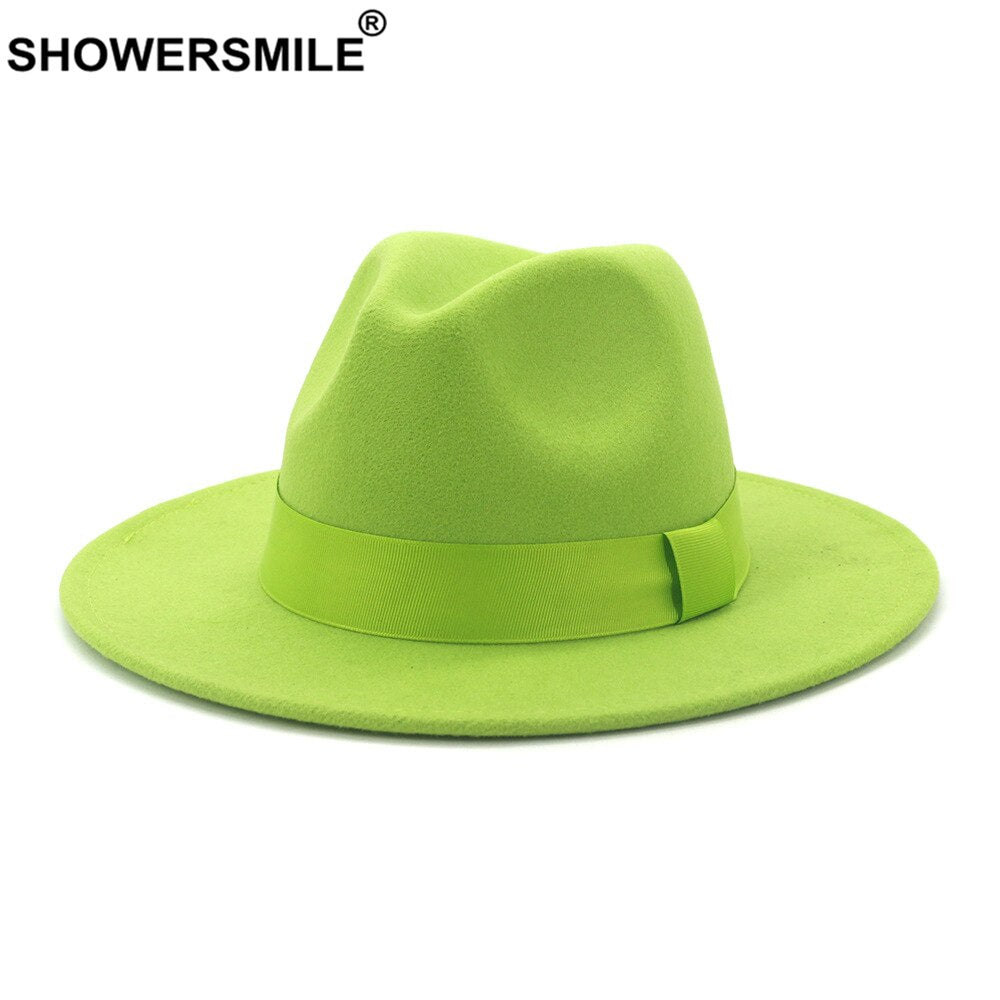SHOWERSMILE Army Green Wool Felt Jazz Fedora Hats Men Women Wide Brim Sombrero British Style Trilby Formal Panama Cap Dress Hat
