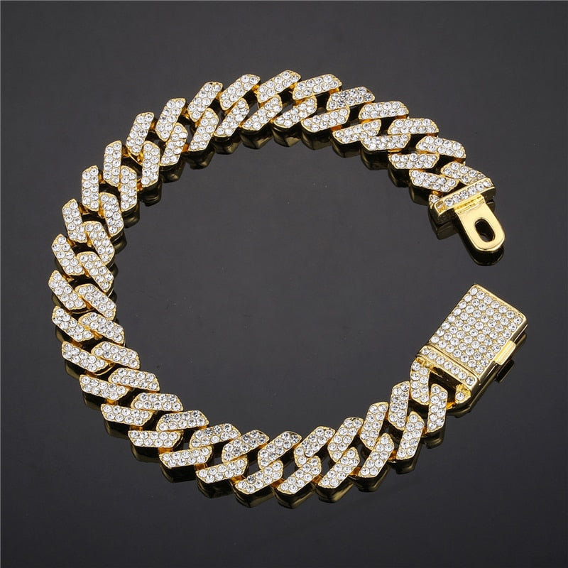 Hip Hop Necklace +Watch+Bracelet Bling Iced Out Miami Zircon Cuban Prong Pave Rhinestone Men Bracelet Necklace For Men Jewelry