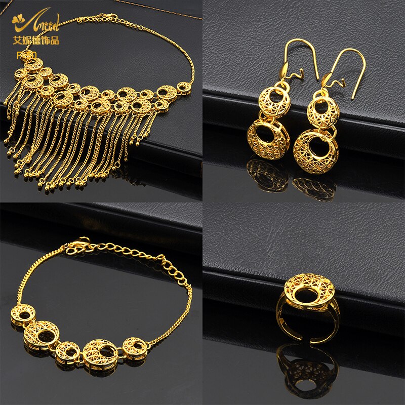 ANIID Dubai Tassel Gold Plated Jewelry Sets For Women Fashion Indian Bridal Necklace And Earring 4Pcs Set Ethiopian Party Gifts