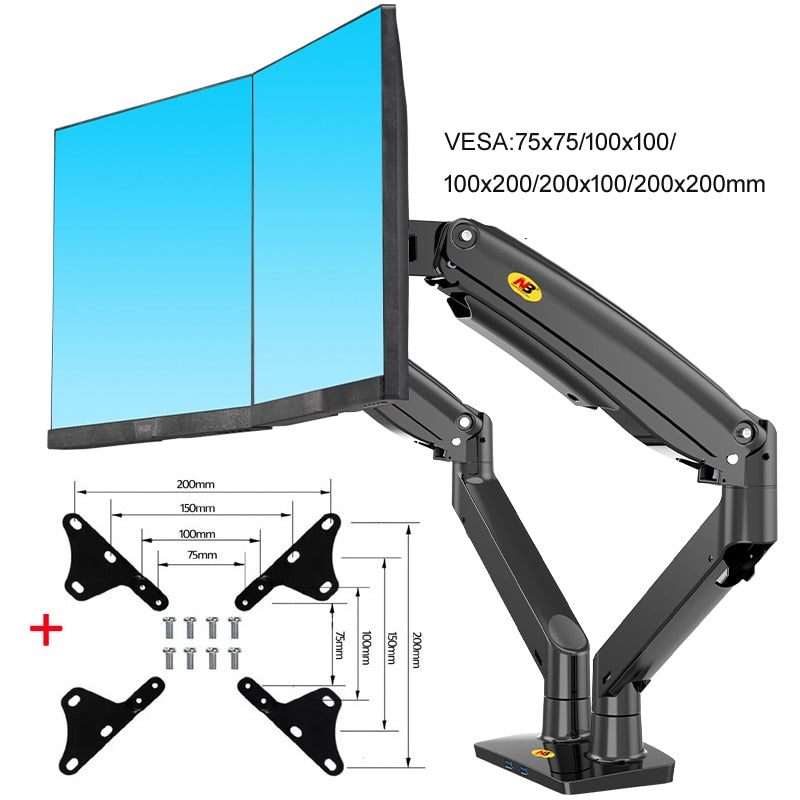 NB F195A 3-12kg Aluminum 22-32" Dual computer screen stand Gas Spring Arm Full Motion double PC Monitor Holder Support with USB