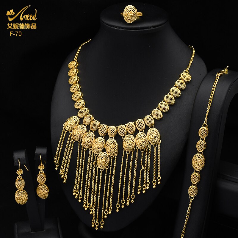 ANIID Dubai Tassel Gold Plated Jewelry Sets For Women Fashion Indian Bridal Necklace And Earring 4Pcs Set Ethiopian Party Gifts