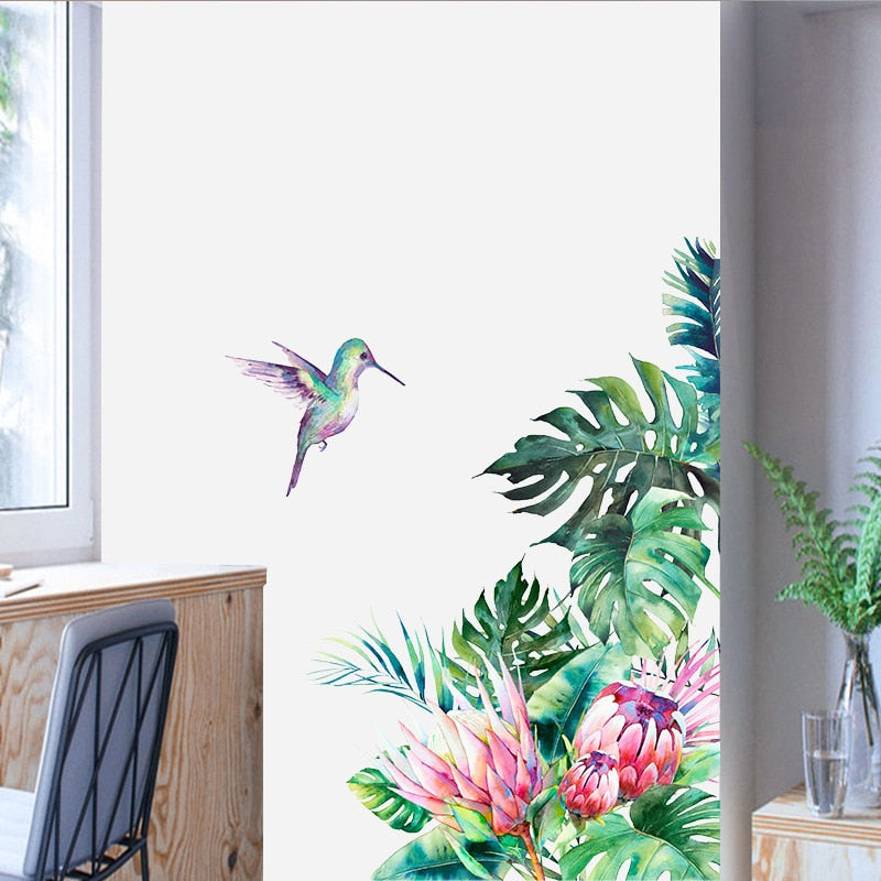 Removable Tropical Leaves Flowers Bird Wall Stickers Bedroom Living Room Decoration Mural Decals Plants Wall Paper Home Decor