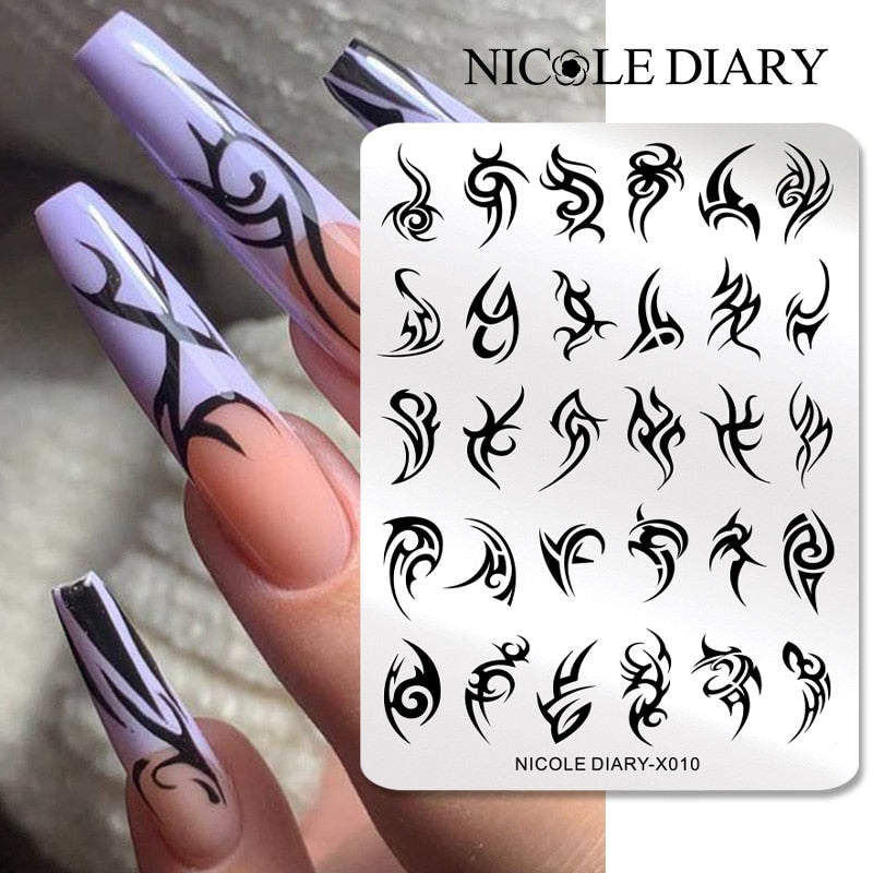 NICOLE DIARY Leaves Flower Stripe Design Stamping Plates Abstract Lady Face Nail Stamp Templates Leaf Floral Printing Stencil