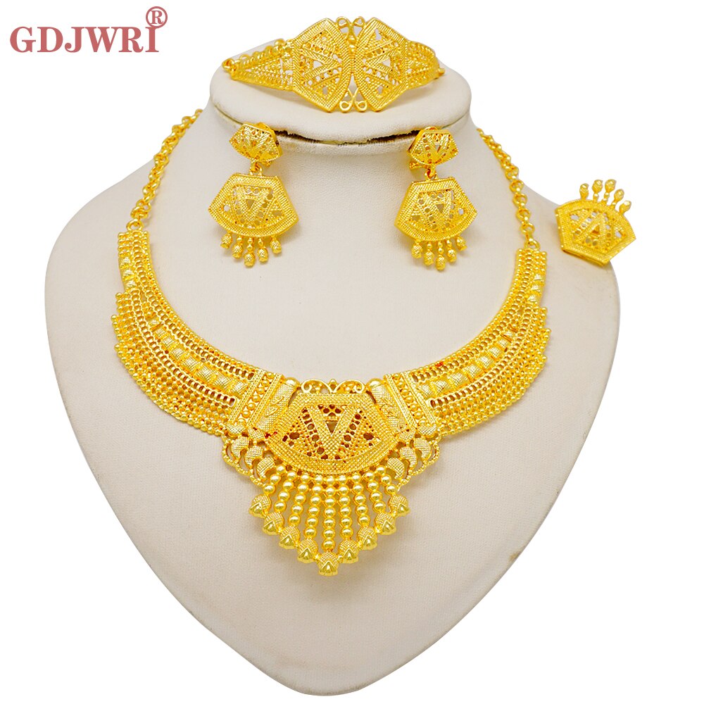 Dubai Indian Gold Color Necklace Bracelet Earrings Ring Jewelry Sets For Women Ethiopian Nigerian Bridal Wedding Jewellery Gifts