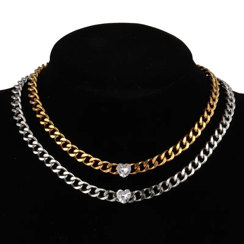 Thick Chain Stainless Steel Statement Necklace Choker Punk Cuban Chain Luxury Heart Pendant Necklace Fashion Women Jewelry Gift