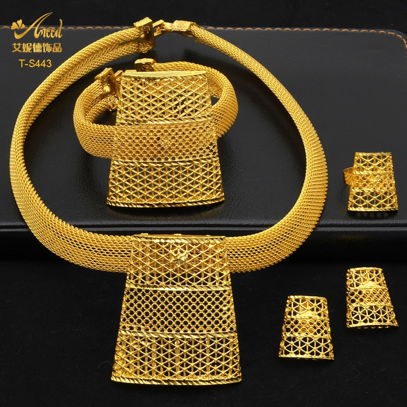 ANIID Ethiopian Gold Plated Jewelry Set For Women Bridal Dubai Jewellery Wedding Brazilian Eritrean African Earring Necklace Set