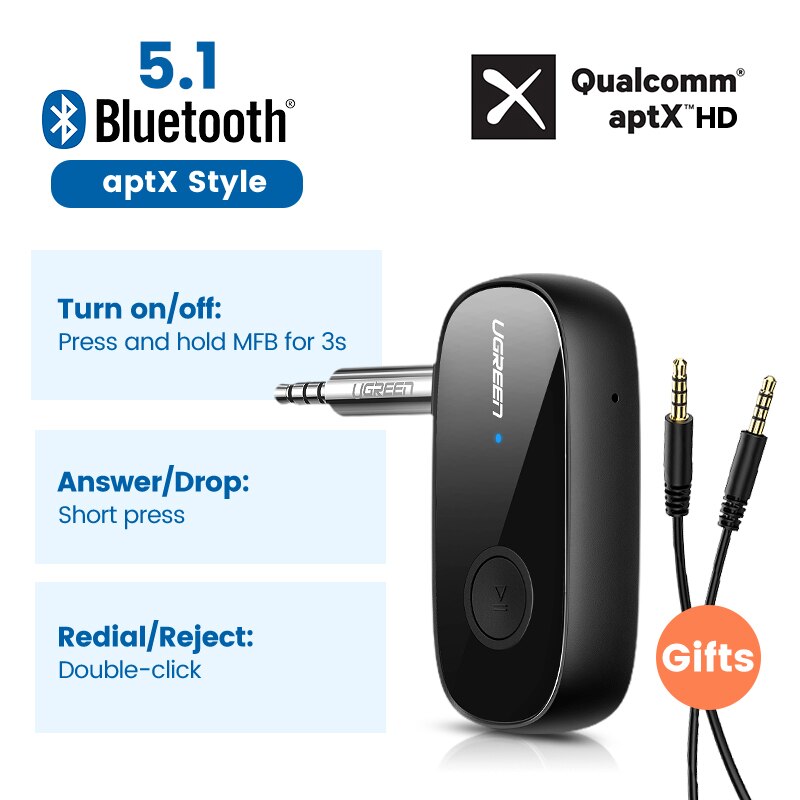 UGREEN Bluetooth Receiver aptX HD Wireless Bluetooth 5.1 Car Adapter Portable Wireless Audio Adapter 3.5mm Aux with Microphone