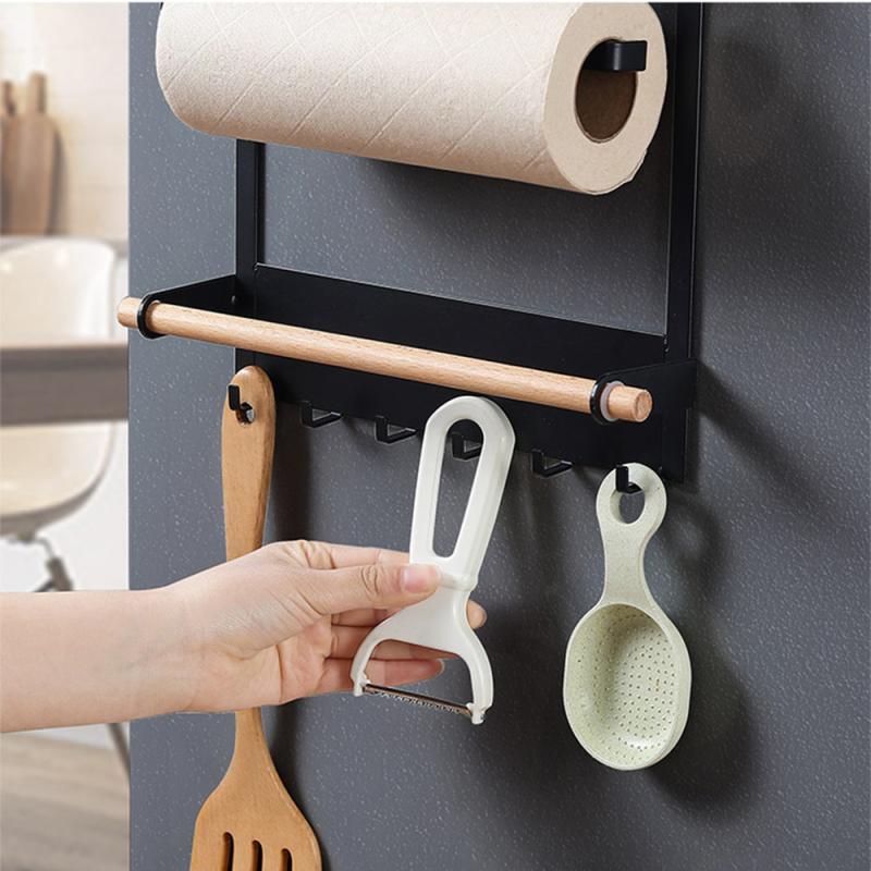 Magnetic Storage Rack Magnet Fridge Shelf Paper Towel Roll Spice Hang Rack Decorative Metal Shelf Kitchen Organizer with Hooks