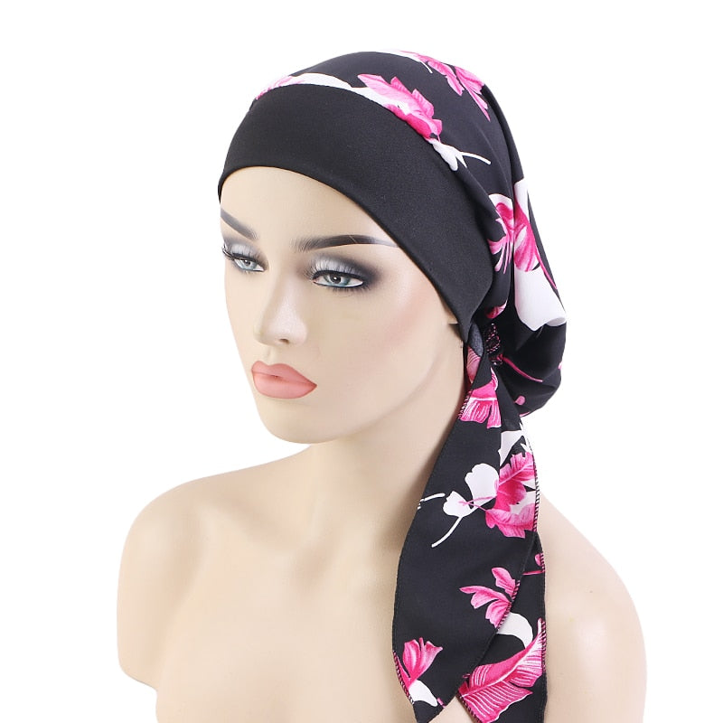 Women Printed Pre-tie Headscarf Elastic Muslim Female Turban Cancer Chemo Hat Hair Loss Cover Head Wrap Headwear Stretch Bandana