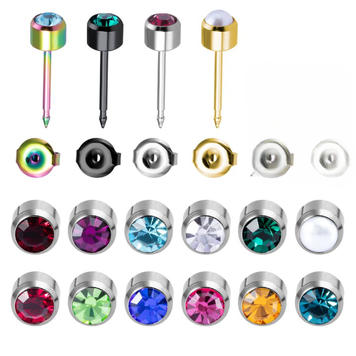 One pair of Birthstone stud earrings made of surgical steel for ear piercing gun.