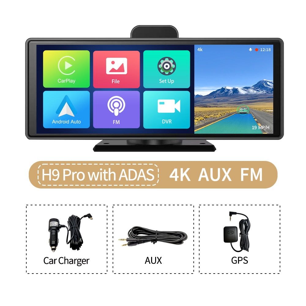 10.26" Wireless CarPlay & Android Auto Dash Cam ADAS Touch Screen 4K DVRs GPS Navigation Dashboard Video Recorder 24H Park AUX