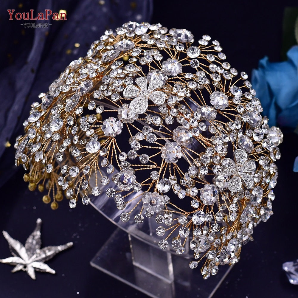 TOPQUEEN HP240 Golden Wedding Hair Jewelry Luxury Crystal Hair Ornaments Rhinestone Wedding Crown Woman Tiara Pageant Headband