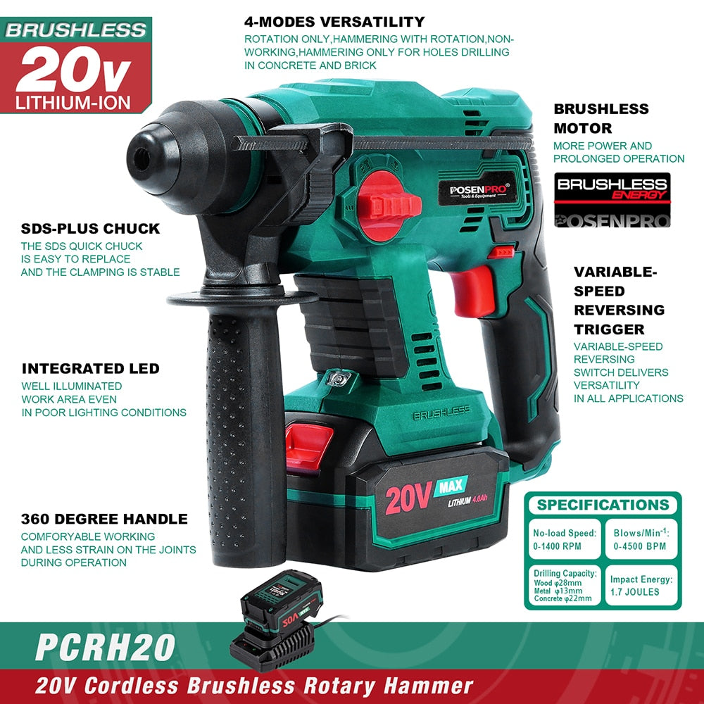 POSENPRO Brushless Rotary Hammer Electric Hammer Drill 20V Cordless Hammer 1.7J SDS PLUS Drilling Steel Concrete Wood