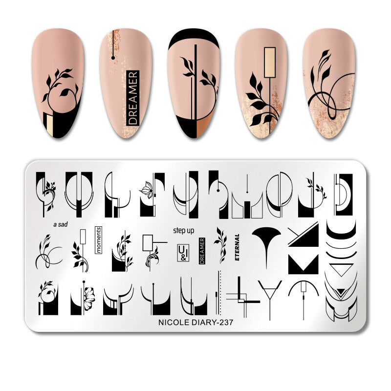 NICOLE DIARY Leaves Flower Stripe Design Stamping Plates Abstract Lady Face Nail Stamp Templates Leaf Floral Printing Stencil