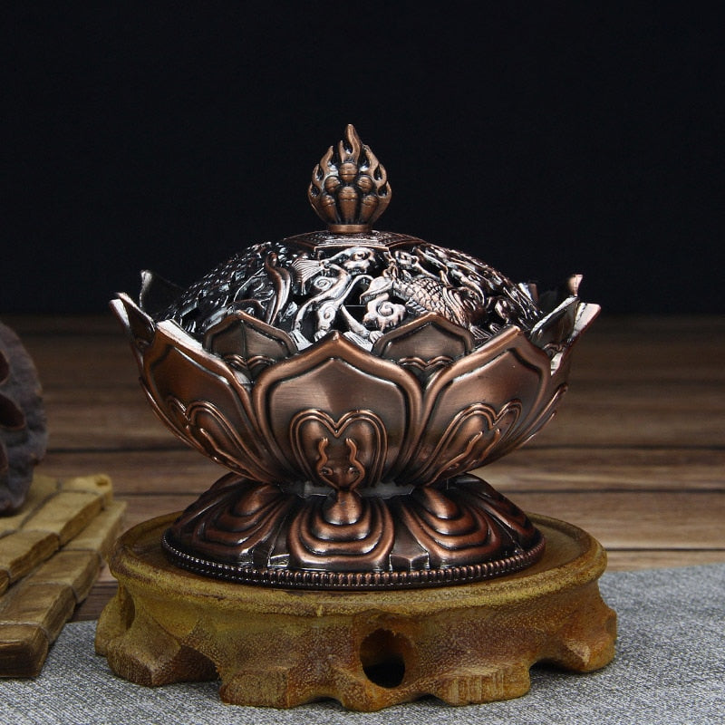 ERMAKOVA Lotus Flower Chinese Buddha Alloy Metal Incense Burner Incense Holder Handmade Censer Bowl Buddhist Home Decoration