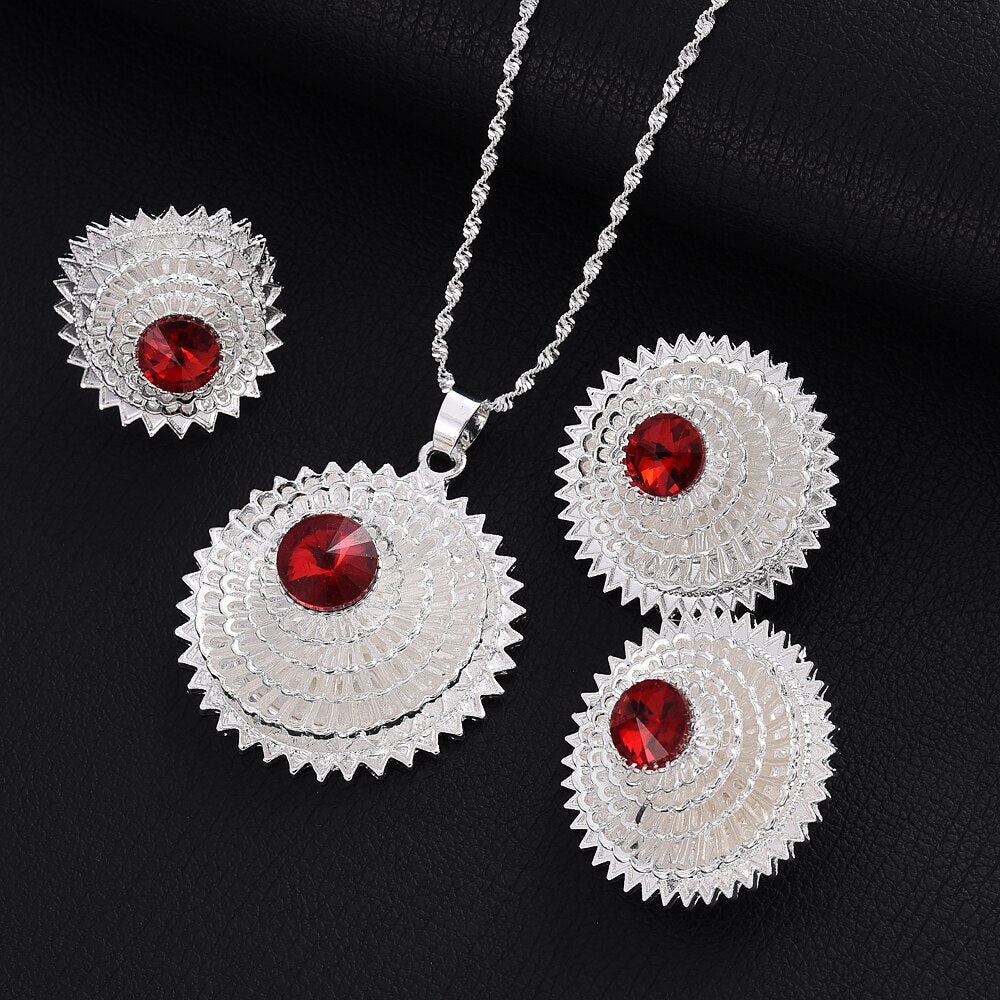 Ethiopian Gold/Silver Plated Bridal Jewelry Sets Necklace Earrings Ring Gifts Wedding Jewellery Set For Women