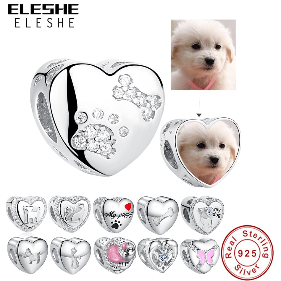 ELESHE 925 Sterling Silver Pet Paw Print Heart Custom Photo Charms Beads Fit Bracelet Necklace DIY Personalized Jewelry