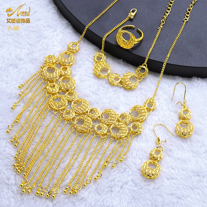 ANIID Dubai Tassel Gold Plated Jewelry Sets For Women Fashion Indian Bridal Necklace And Earring 4Pcs Set Ethiopian Party Gifts