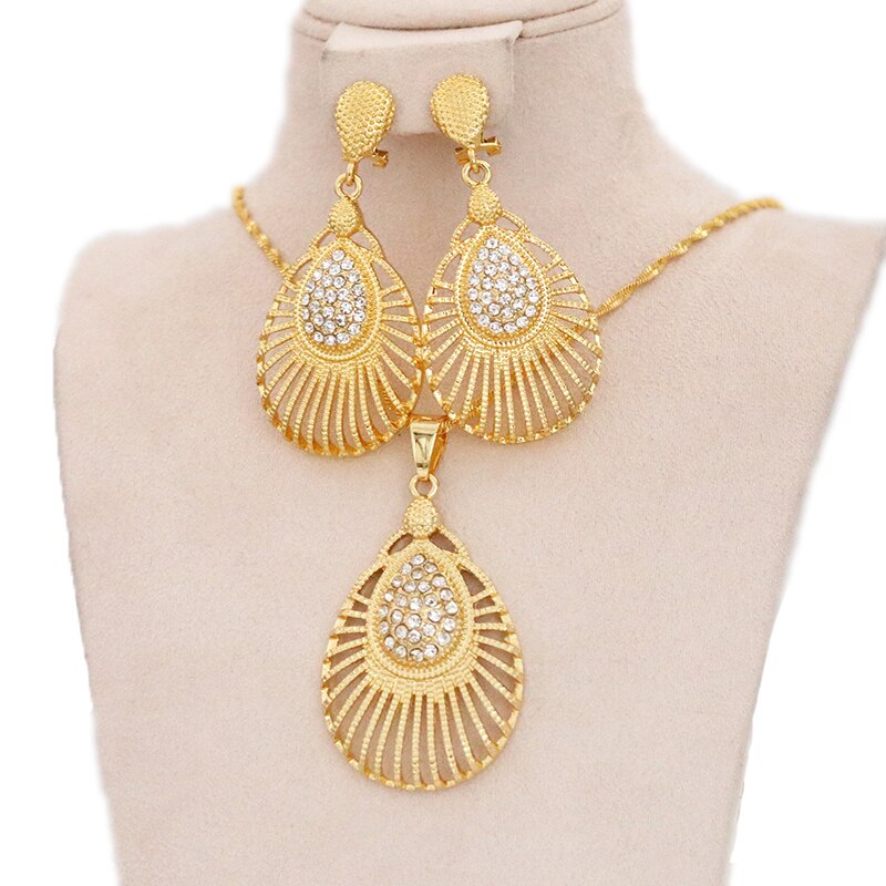 24k Gold Plated Ethiopian Earrings Pendant Necklace Set Dubai Women's Jewelry Set Africa India Nigeria Wedding Gift Party Jewelr