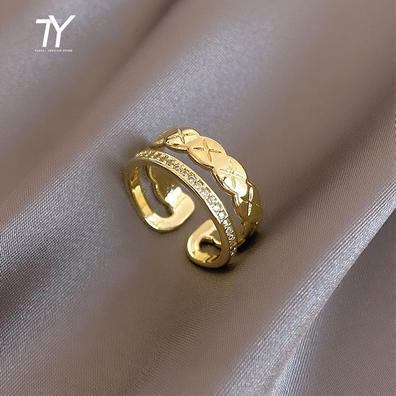 Luxury Zircon Gold Color Double Student Open Rings For Woman 2021 New Fashion Goth Finger Jewelry Wedding Party Girl&#39;s Sexy Ring