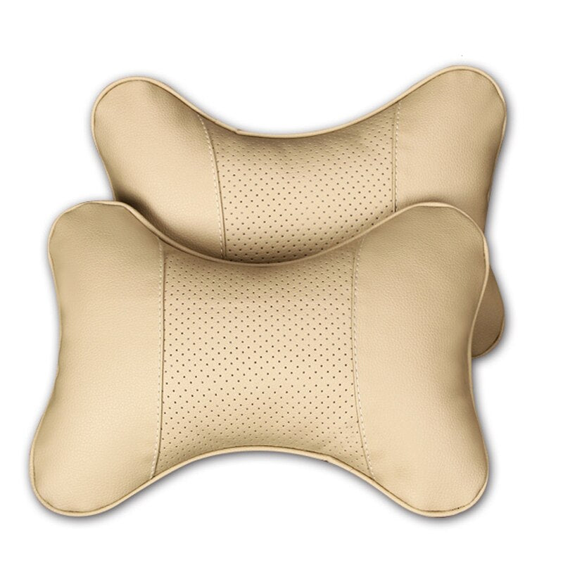 2pcs Car Neck Pillow  Double-sided PU Leather Perforating Design Hole-digging Car Headrest pillow Auto Safety Accessories